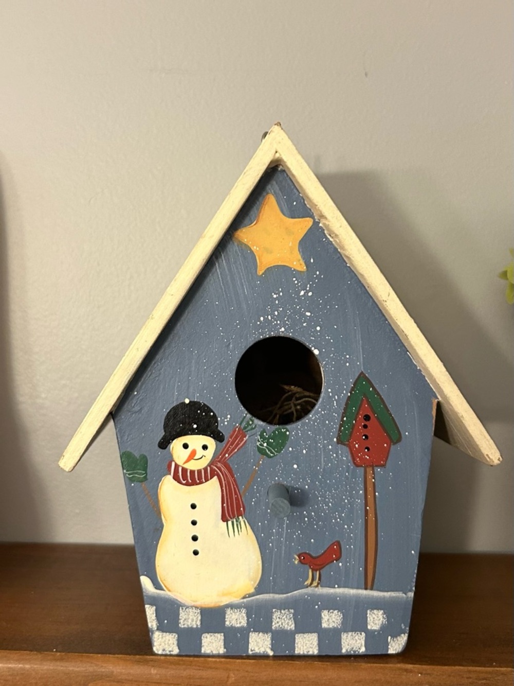 Snowman Painted Blue Wooden Birdhouse - Home Holiday Decor